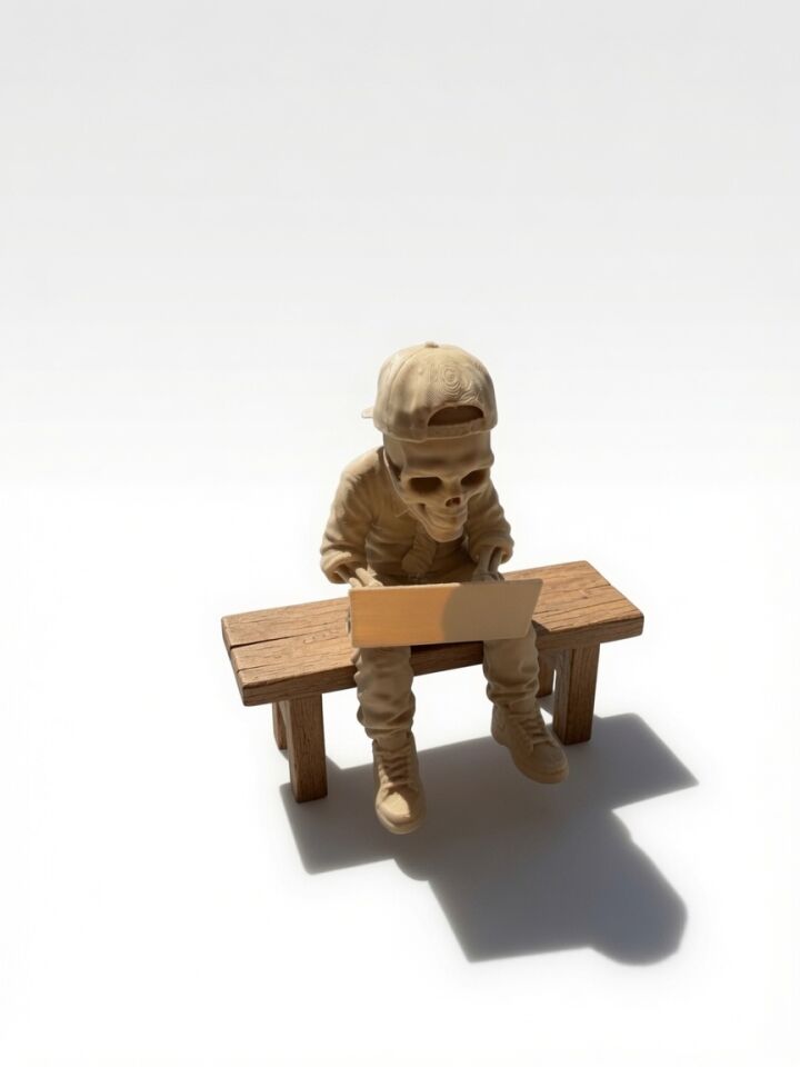 Laptoplu Oturan İskelet Figürü – 3D Baskı Dekoratif Biblo